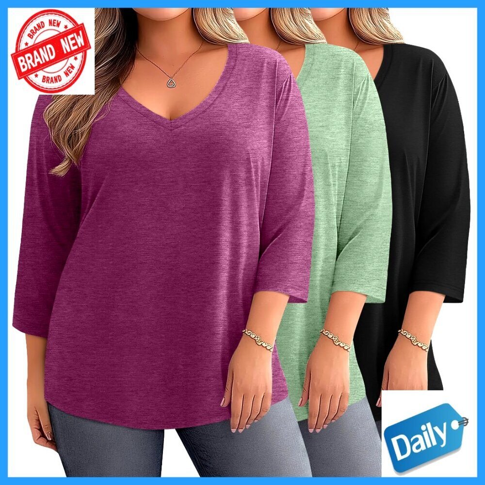 Plus Size 3/4 Sleeve V-Neck Cotton Tops 3-Pack Loose Fit Tees